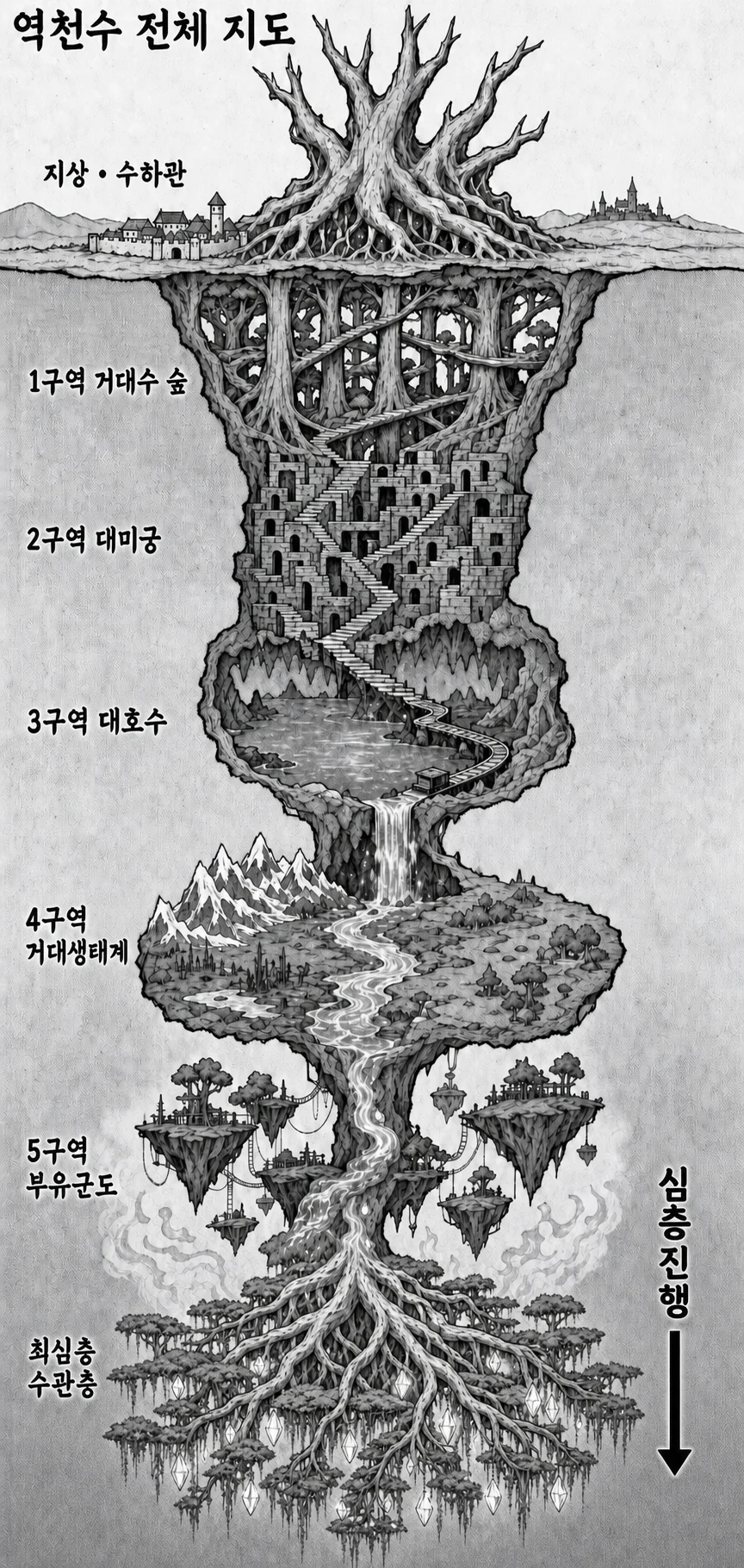 역천수의 지상과 지하 구조를 그린 수직 지도